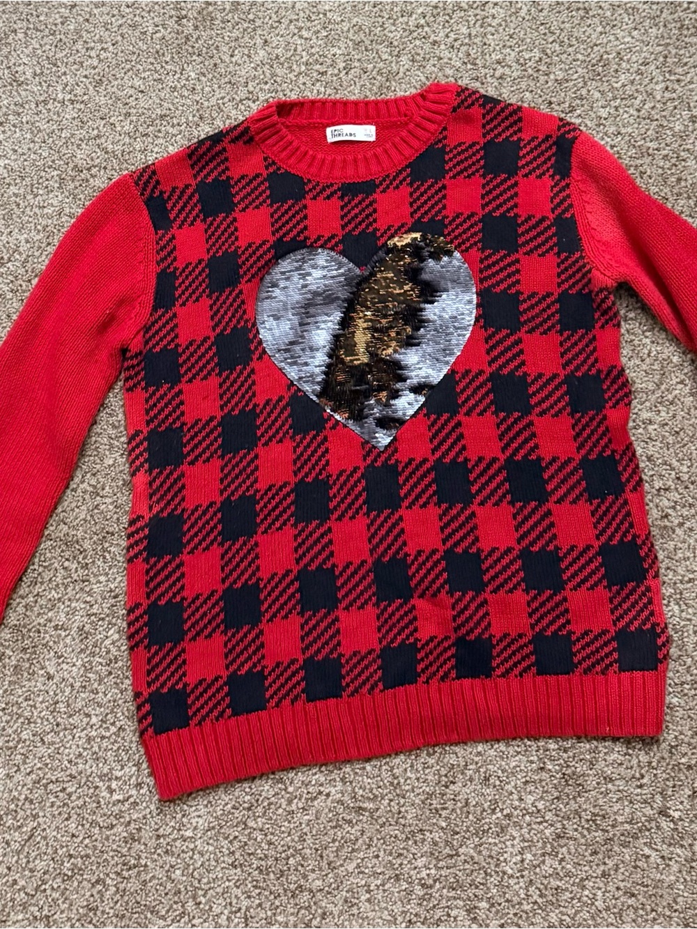Epic Threads Red and Black Plaid Sequin Heart Crewneck Sweater
